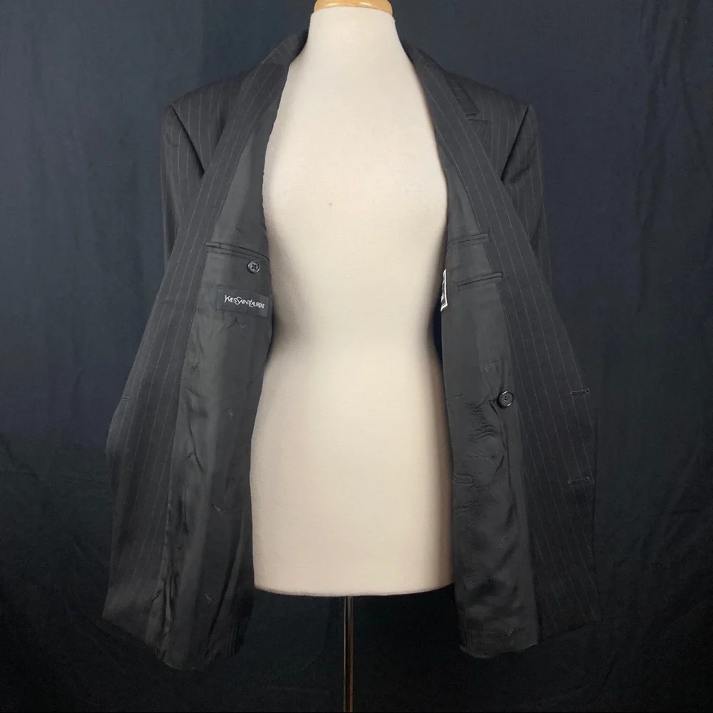 Vintage YSL Men's Black Pinstripe Double-Breasted Blazer
